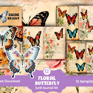 Butterfly junk journal kit, junk journal butterfly kits, printable junk journal kit butterflies, butterfly junk journal kit digital
