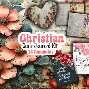 Op de afbeelding: Een digitale printbare junk journal kit met 24 sjablonen met bloemmotieven en christelijke citaten. De citaten zijn "Wat altijd mooi is, denk aan zulke dingen" en "Ik ben vreesachtig en wonderbaarlijk gemaakt".