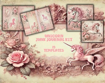 unicorn junk journal kit, unicorn ephemera, unicorn scrapbook, vintage scrapbook, vintage junk journal kit, enchanting junk journal kit
