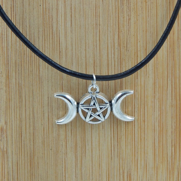 Triple Moon Goddess Necklace, Triple Moon Necklace, Triple Moon Charm Necklace, Pentacle Necklace, Pentagram Necklace, Triple Moon Choker