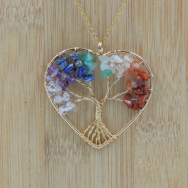 Gold Chakra Necklace, Chakra Crystal Necklace, Gold Crystal Necklace, Crystal Heart Necklace, Wire Wrapped Crystal Necklace, Heart Chakra