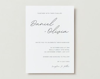 May include: Wedding invitation with a white background and black text. The invitation reads "Together with their families, Daniel + Olivia invite you to celebrate their marriage! 30 October 2024 at 3PM Really Great Site Hotel 123 Anywhere Street, Any City Dinner and Dancing to follow by 14 July 2024 reception to follow"