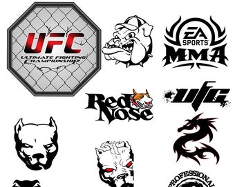 May include: A collection of black and white logos for mixed martial arts (MMA) brands. The logos include UFC, EA Sports MMA, Red Nose, Venom, and Venum. The logos are set against a white background.