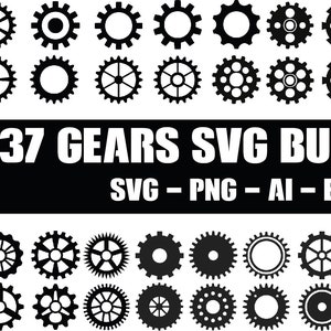 Puede incluir: Un conjunto de 37 archivos SVG de engranajes en blanco y negro. La imagen muestra una variedad de formas y tamaños de engranajes. El texto "37 GEARS SVG BUNDLE" y "SVG - PNG - AI - EPS" se muestra debajo de los engranajes.