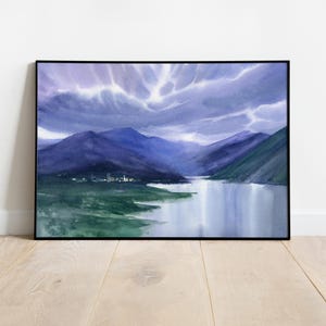 Storm Clouds Landscape Mountain Wall Decor Modern Home Wall Decor Lake View Moody Art Print From Original Watercolour Painting