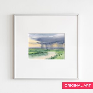 Dipinto ad acquerello originale, nuvole tempestose, pioggia estiva, opera d'arte unica nel suo genere, natura estiva, paesaggio al tramonto, arte pacifica per l'arredamento della casa