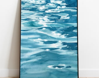 水の反射の波紋の写真、水面の水彩画、壁アートポスター、抽象的な水の