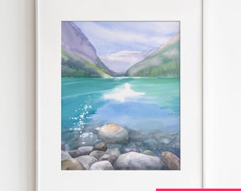 Lake Louise Original Watercolour Painting Vertical Wall Art Colorful Aquarelle Landscape Mountiain Lake Living Room Decor Tranquil Painting
