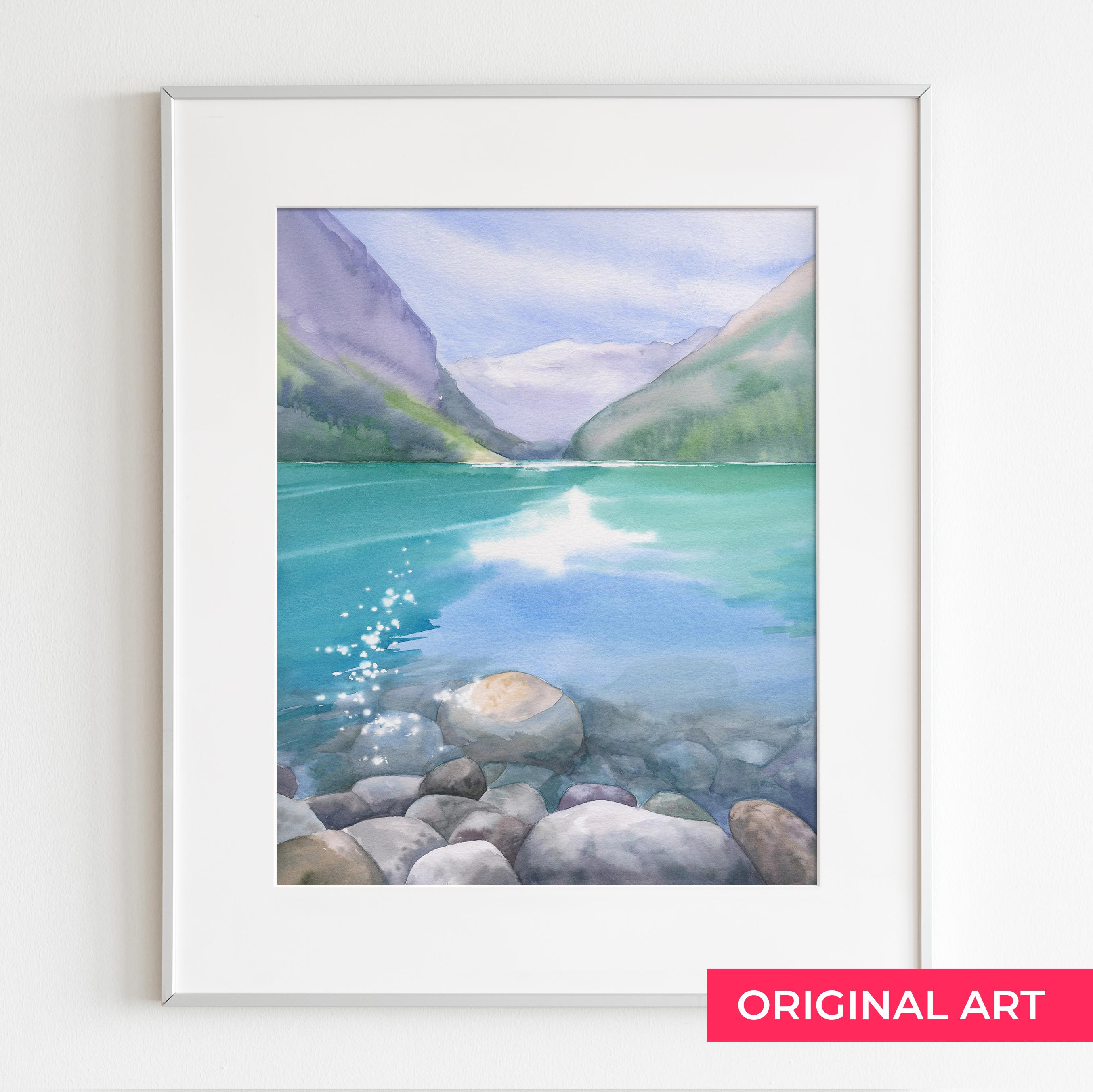 レイクルイーズオリジナル水彩画 縦長壁アート カラフルな水彩風景画