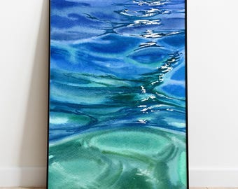 Arte murale verde acqua, pittura astratta ad acquerello blu, arte murale turchese, arte murale minimalista, arte murale per bagno blu, stampa ad acqua realistica