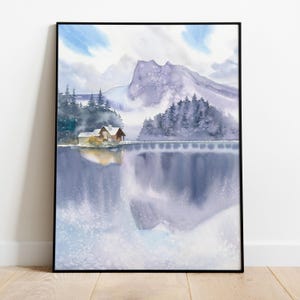 Emerald Lake Painting National Park Winter Mountains Landscape Canada&#39;s Rocky Watercolour Wall Art British Columbia Mountain Lake Print
