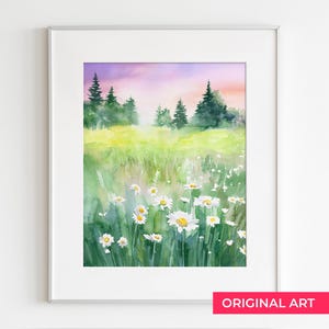 Campo con fiori di prato, opera d'arte originale, acquerello con margherite e fiori di campo luminosi, arte murale floreale fresca per un arredamento per la casa colorato