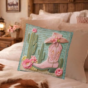 Pink Cowgirl Boot Pillow: Cactus Floral Western Throw Cushion image 3