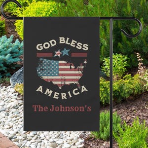 Personalized God Bless America Garden Flag, Custom Name USA Patriotic Yard Decor, Rustic 4th of July Outdoor Sign Family Name, Free Ship