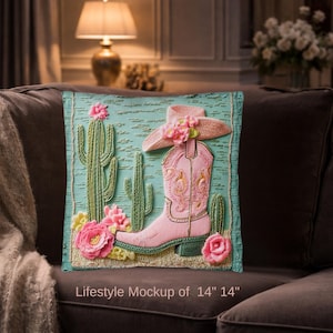 Pink Cowgirl Boot Pillow: Cactus Floral Western Throw Cushion image 4
