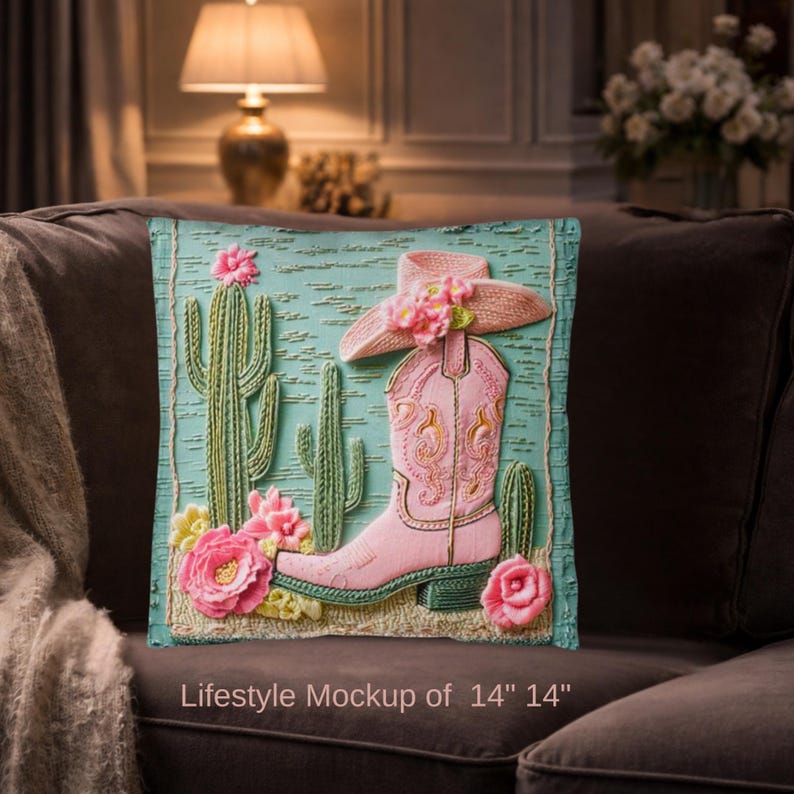 Pink Cowgirl Boot Pillow: Cactus Floral Western Throw Cushion image 4