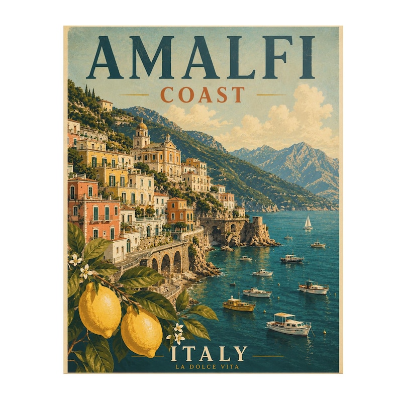 Amalfi Coast Print: Vintage Italy Travel Poster, Mediterranean Coastal Wall Artwork, Unframed image 4