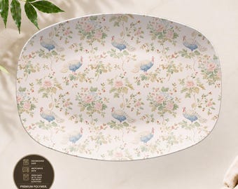 Bandeja para servir de Acción de Gracias, bandeja floral rosa con diseño de pavo, plato botánico irrompible, bandeja para servir navideña, decoración campestre francesa