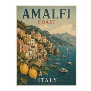 Amalfi Coast Print: Vintage Italy Travel Poster, Mediterranean Coastal Wall Artwork, Unframed image 6