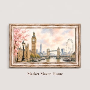 May include: A framed landscape print featuring a watercolor illustration of the London skyline, including Big Ben, Tower Bridge, and the London Eye, with pink cherry blossoms in the foreground and the text Market Maven Home below the frame.