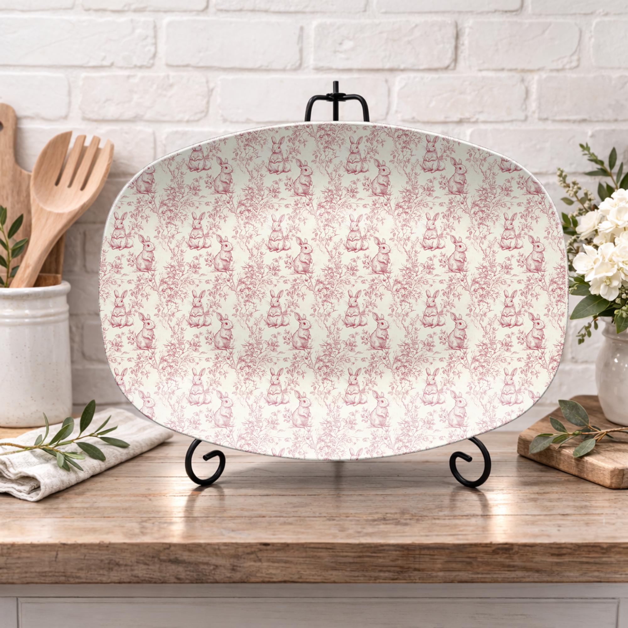 Spring Toile Blue Blue or Pink Bunny Toile Serving Platter: Rabbit Family Indoor and ...