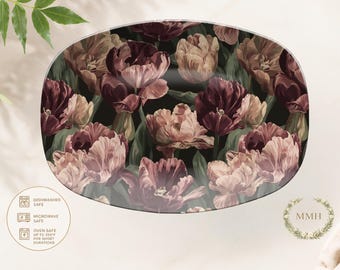 Schotel met donkere bloemen: humeurig tulp dienblad, botanische gerechten, cottagecore keukendecor (polymeer)