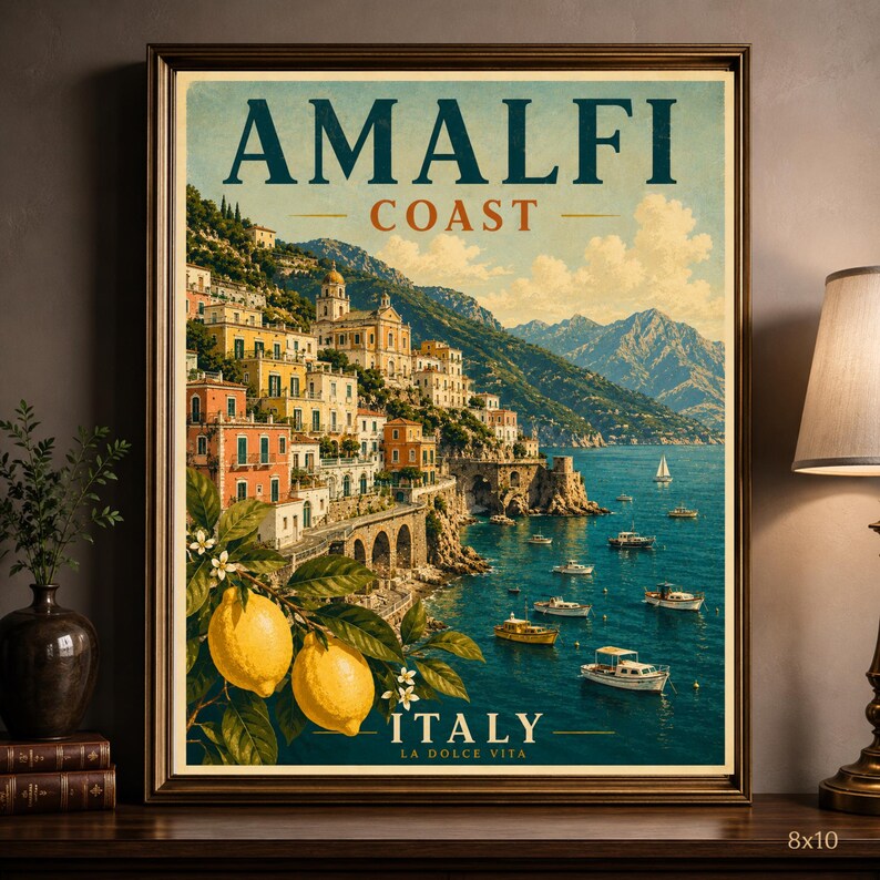 Amalfi Coast Print: Vintage Italy Travel Poster, Mediterranean Coastal Wall Artwork, Unframed image 2
