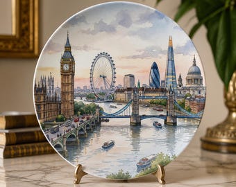 Plato con paisaje urbano de Londres: Tower Bridge, Big Ben y horizonte del Támesis, vajilla ligera y duradera para interiores y exteriores.