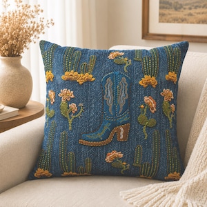 Funda de cojín con estampado de cactus y bota vaquera: Decoración de cojín de gamuza sintética de estilo suroeste (sin bordar).