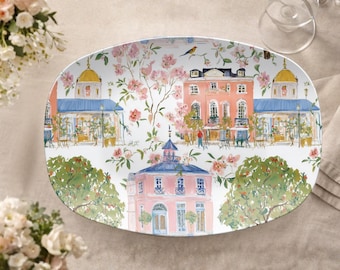 Bandeja para servir con diseño de paisaje urbano: bandeja para entretenimiento en interiores y exteriores, vajilla con diseño arquitectónico floral, plato de polímero ligero y duradero.