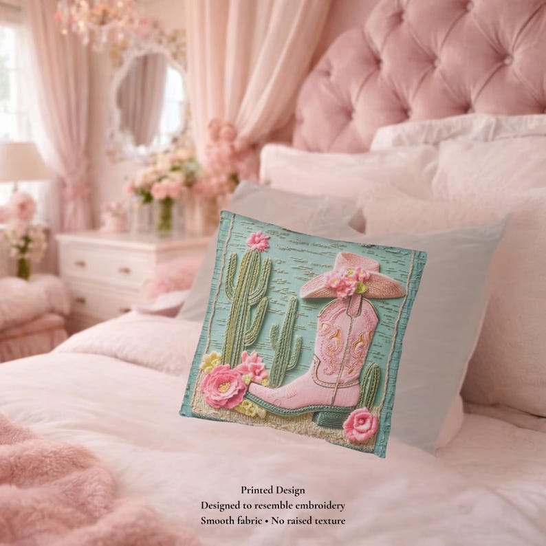 May include: A square throw pillow featuring a printed design that resembles embroidery. The image displays a light pink cowboy boot and a matching hat adorned with flowers, set against a light blue background with green cacti and pink flowers.