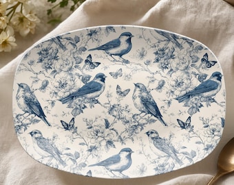 Bandeja para servir Bluebird Blossom Toile: Bandeja con diseño floral de pájaros de estilo chinoiserie azul, vajilla para interiores y exteriores (polímero)