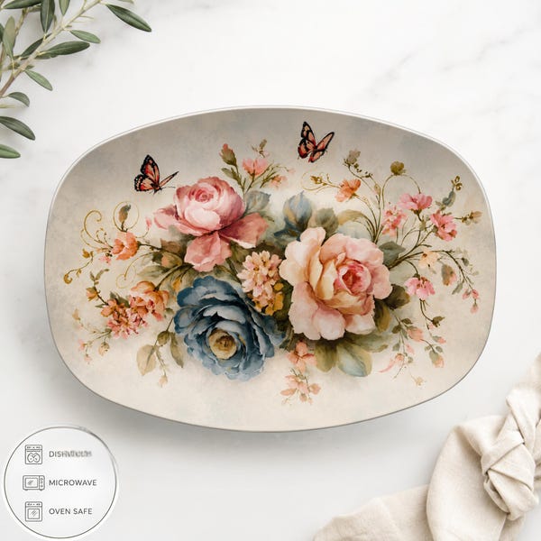 Ovale bloemenschotel: dienblad rozen, Cottagecore Kitchen Unbreakable-gerechten