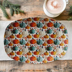 Cute Pumpkin Design Serving Platter: Fall Harvest Dinnerware, 10x14" Unbreakable Tray, Autumn Kitchen Decor, Thanksgiving Party Dish