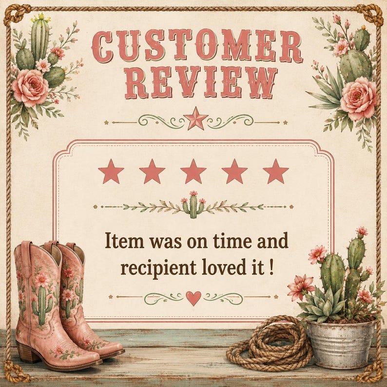 May include: A customer review graphic featuring the text CUSTOMER REVIEW and Item was on time and recipient loved it ! with five red stars, pink floral cactus illustrations, a pair of pink cowboy boots, a coiled rope, and a potted cactus.