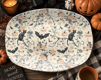 Halloween Serving Platter, Black Cat Unbreakable Dishes, Pumpkin Decor, Bat Kitchen Decor, Fall Entertaining