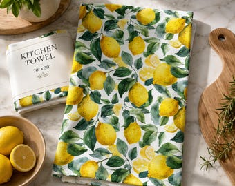 Lemon Kitchen Towels: Set of 4 Dish Towels Cotton, Yellow Citrus Farmhouse Summer Gift, Limoncello Grove Collection