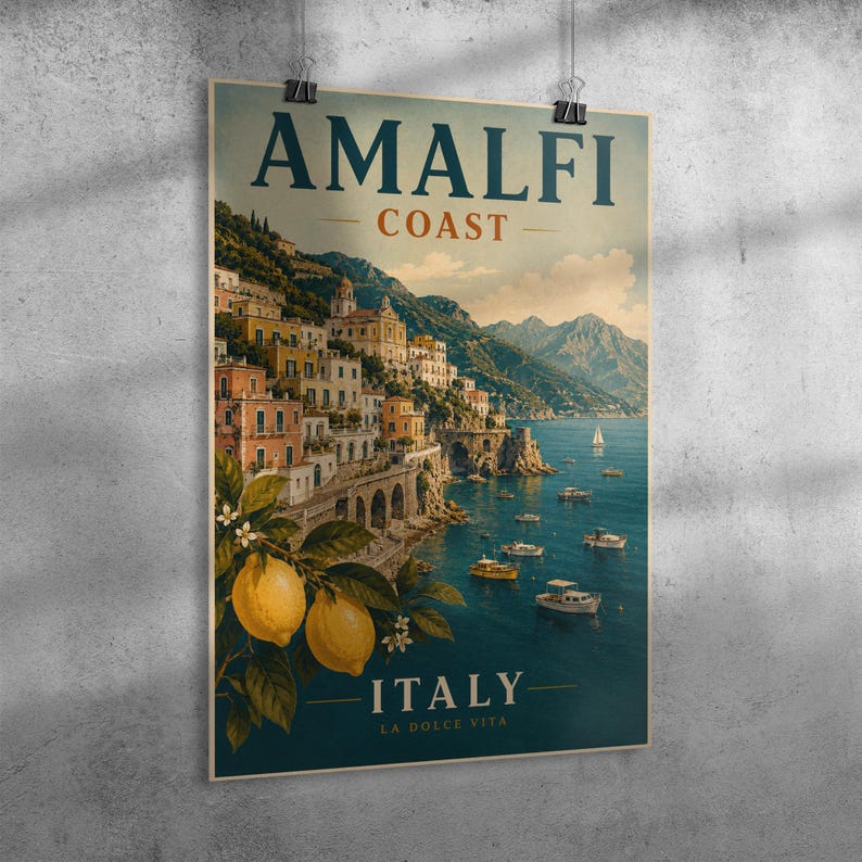 Amalfi Coast Print: Vintage Italy Travel Poster, Mediterranean Coastal Wall Artwork, Unframed image 16