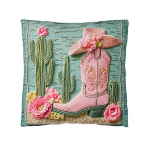 Pink Cowgirl Boot Pillow: Cactus Floral Western Throw Cushion image 5