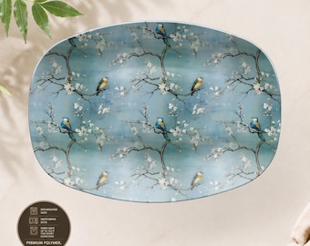 Blue Chinoiserie Serving Platter, Botanical Bird Serving Tray, Unbreakable Dinnerware