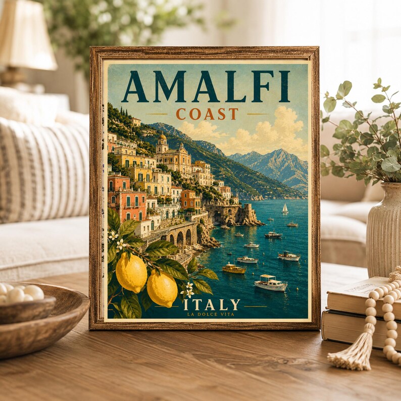 Amalfi Coast Print: Vintage Italy Travel Poster, Mediterranean Coastal Wall Artwork, Unframed image 3
