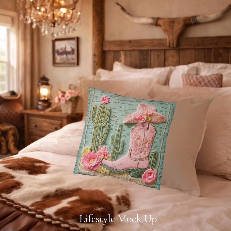 Pink Cowgirl Boot Pillow: Cactus Floral Western Throw Cushion image 3