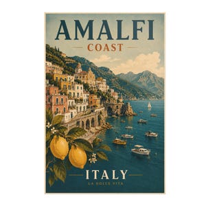 Amalfi Coast Print: Vintage Italy Travel Poster, Mediterranean Coastal Wall Artwork, Unframed image 7