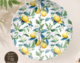 Plato llano con diseño de limón, decoración de cocina italiana, vajilla con motivos cítricos, plato mediterráneo, plato irrompible.