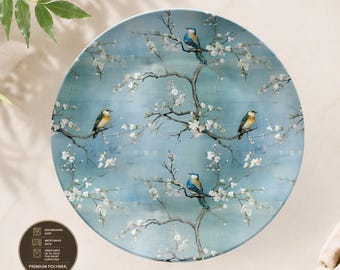 Blue Chinoiserie Dinner Plate, Botanical Bird Dishes, Unbreakable Dinnerware