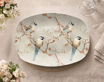 Bandeja para servir con diseño floral de pájaros de estilo chinoiserie: Vajilla de interior y exterior inspirada en la tradición, bandeja de polímero de primera calidad (Colección Linen Songbird)