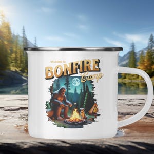 Bigfoot Camping Mug, Sasquatch Roasting Marshmallow Campfire Cup, Enamel Outdoor Coffee Mug, Fun Hiking Gift for Campers and Bigfoot Fans