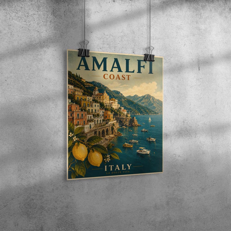 Amalfi Coast Print: Vintage Italy Travel Poster, Mediterranean Coastal Wall Artwork, Unframed image 14