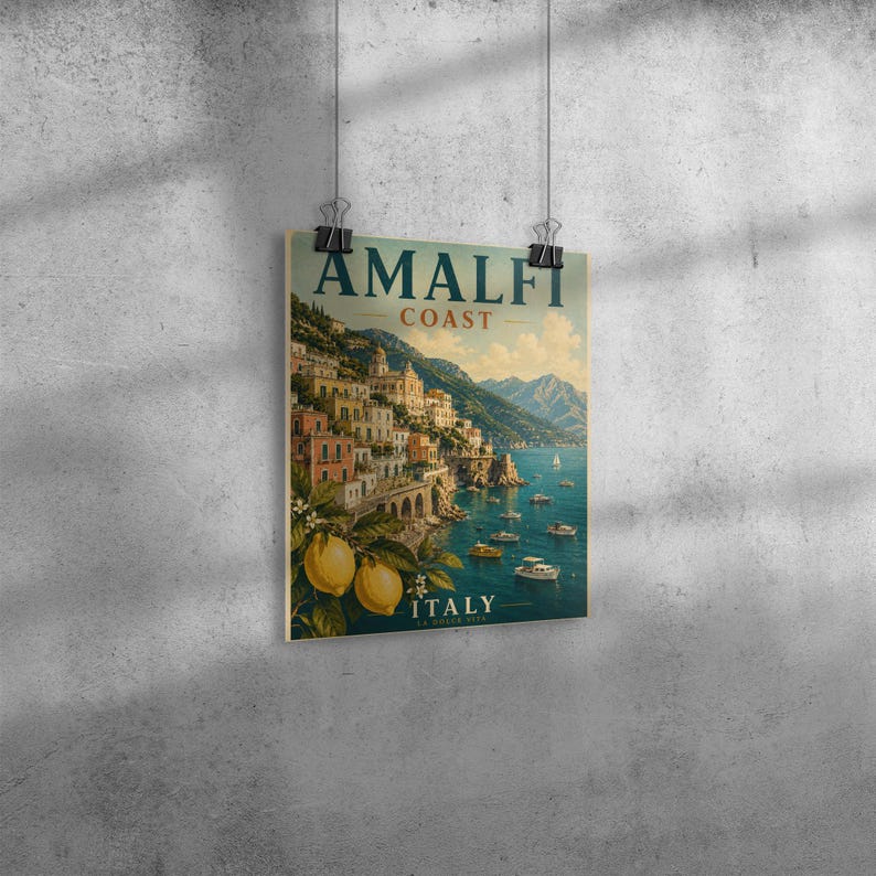 Amalfi Coast Print: Vintage Italy Travel Poster, Mediterranean Coastal Wall Artwork, Unframed image 13