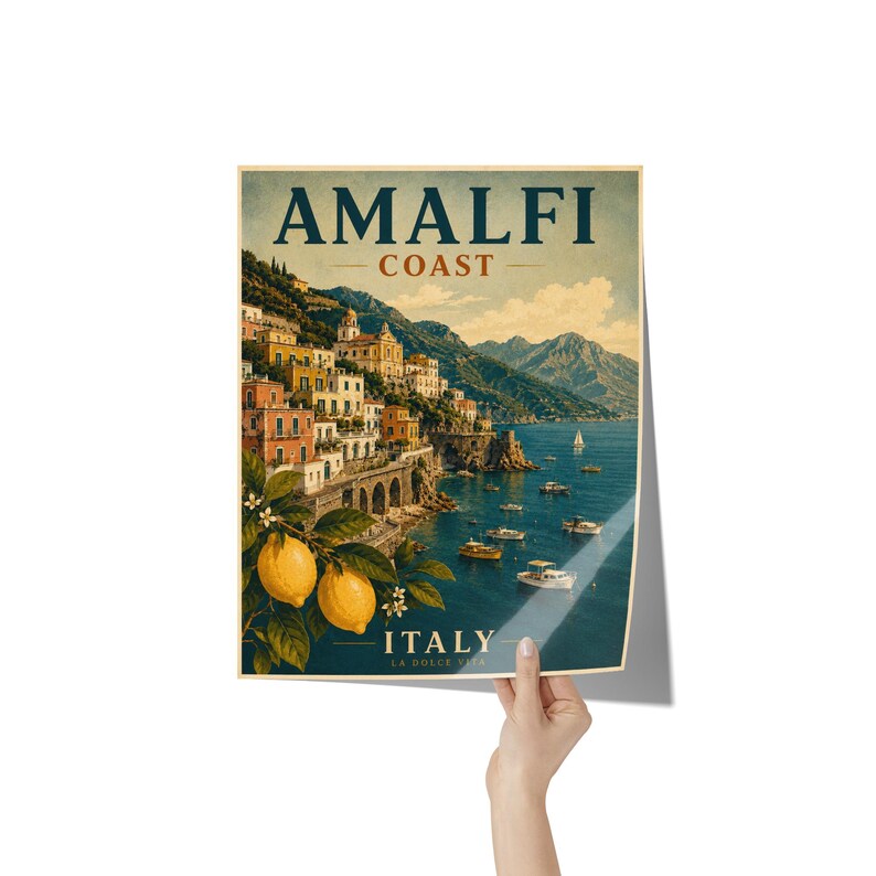 Amalfi Coast Print: Vintage Italy Travel Poster, Mediterranean Coastal Wall Artwork, Unframed image 10